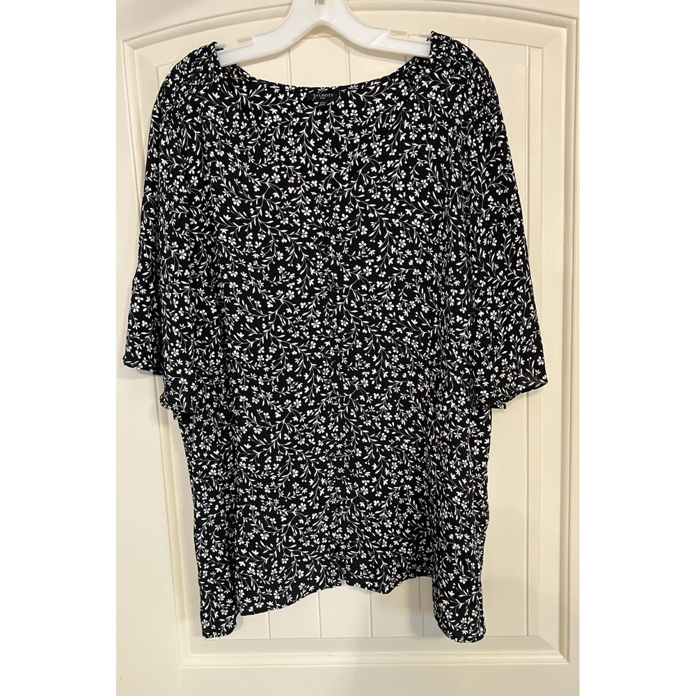 Talbots Women Top 3X Black Floral Stretch Round Neck‎ Sleeve Cottagecore